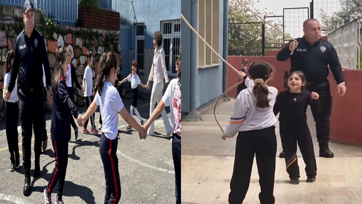 Zonguldak’ta okulda görevli polis, çocuklarla ip atladı