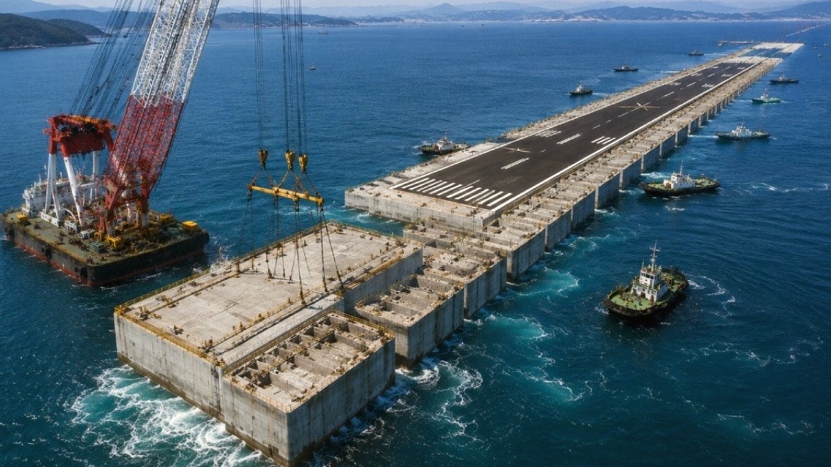 Denizin ortasına havalimanı inşa ediliyor: 16 bin tonluk beton bloklar tek tek suya indirildi