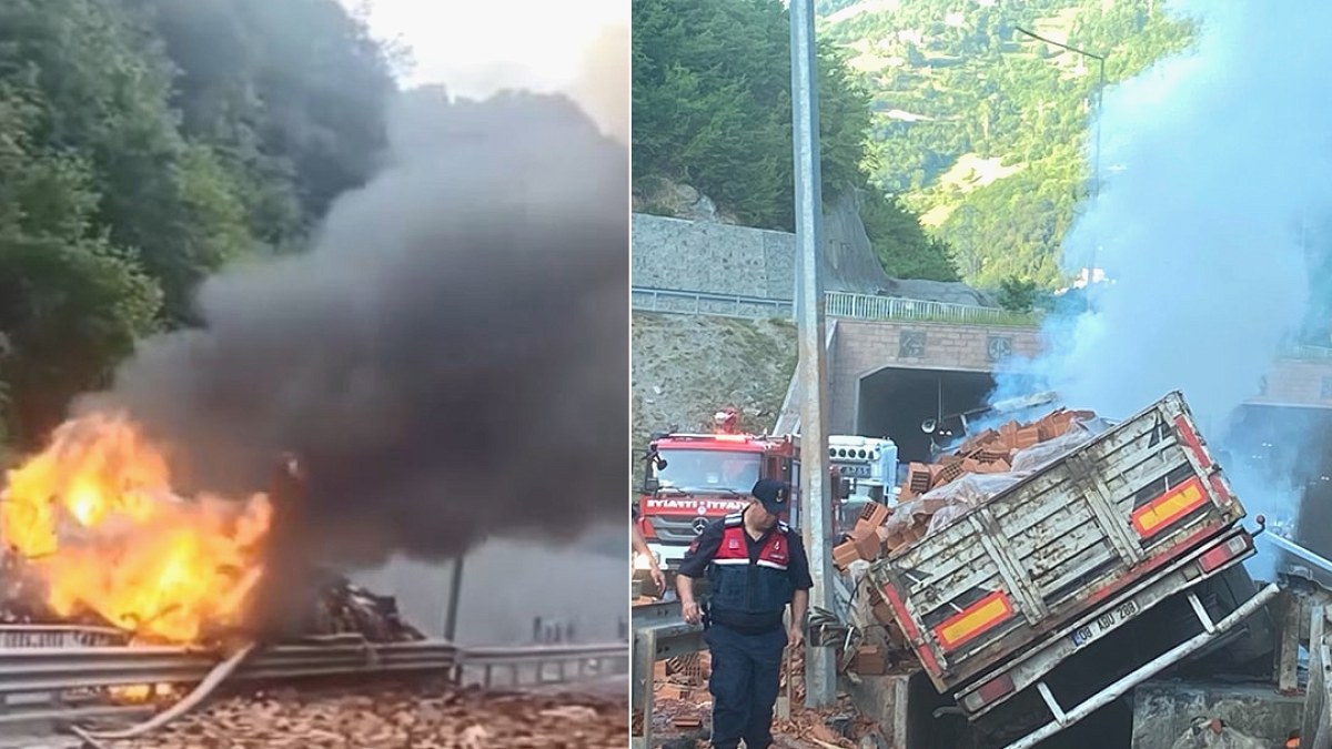 Gümüşhane-Trabzon Yolunda Korkunç Kaza: Tuğla Yüklü Kamyon Alev Aldı, Şoför Hayatını Kaybetti