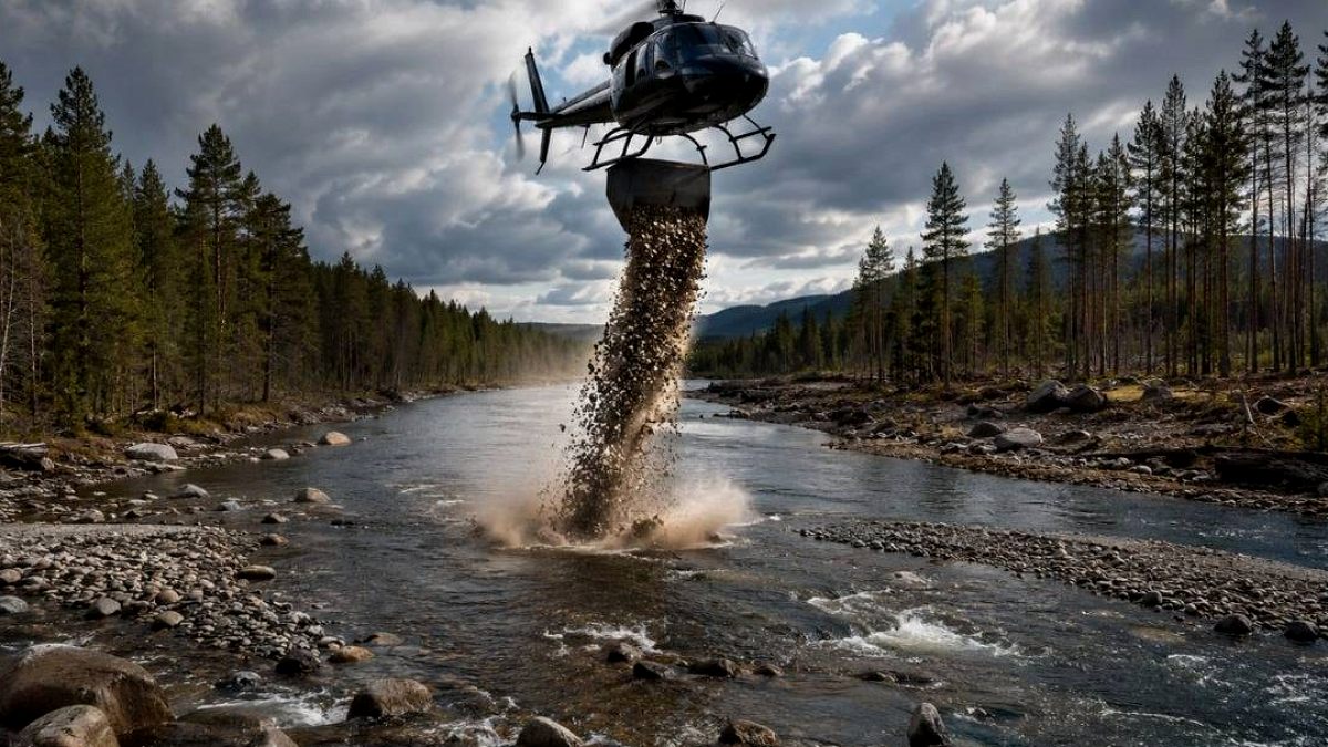 İsveç'te Nehir Ekosistemini Kurtarmak İçin Helikopterle 180 Ton Kum Bırakıldı