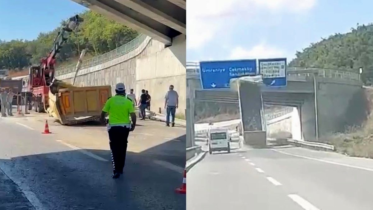 Çekmeköy'de Tehlikeli Anlar: Hafriyat Kamyonunun Dorsesi Üst Geçide Çarptı
