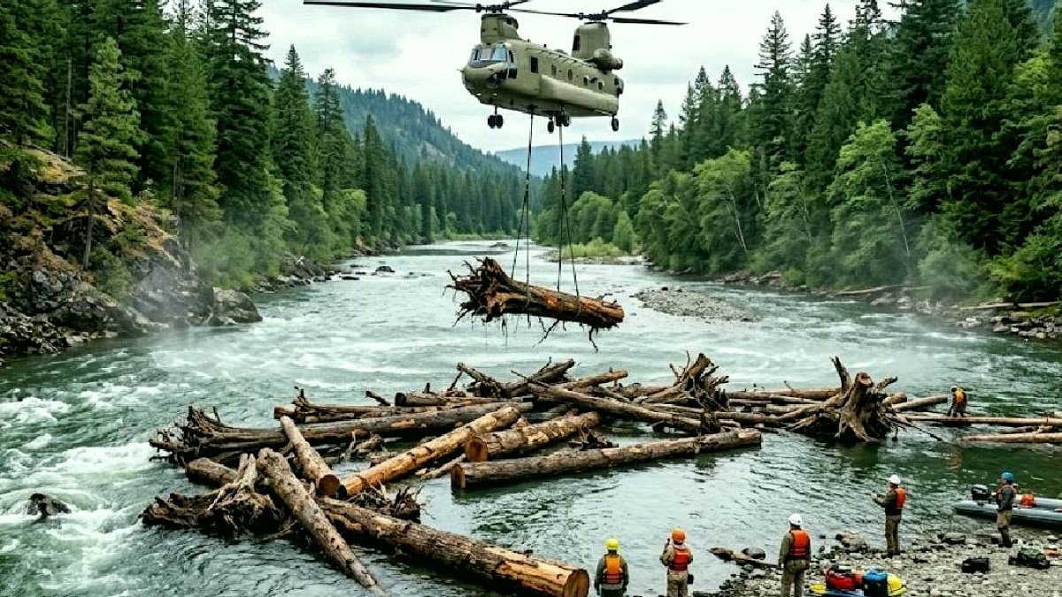 Somon Balıklarını Kurtarmak İçin Helikopterlerle Nehir Yatağına Ağaç Kütükleri Bırakıldı